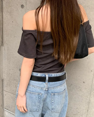 Lettering Crop Off-Shoulder Short-Sleeve T-Shirt
