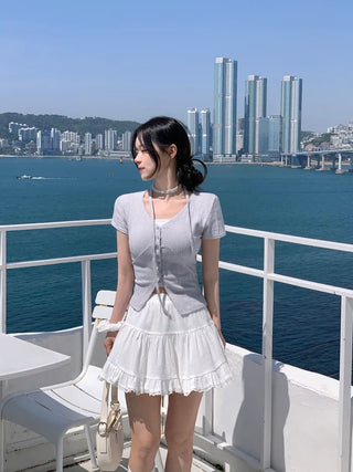 Slim Tie Short-Sleeve Cardigan Set