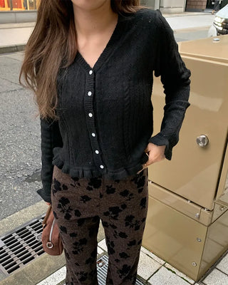 Flower Pattern Slim Fit Knit Bootcut Pants