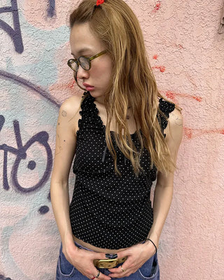 Pindot Ribbon Gathered Elastic Tank Top