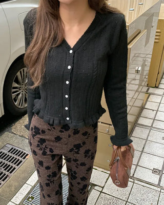 Flower Pattern Slim Fit Knit Bootcut Pants