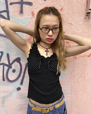 Pindot Ribbon Gathered Elastic Tank Top