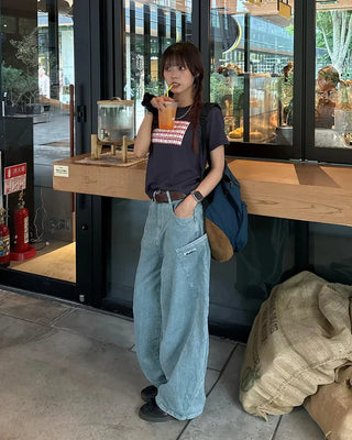 Gingham Lace American Semi-Cropped Half T-Shirt