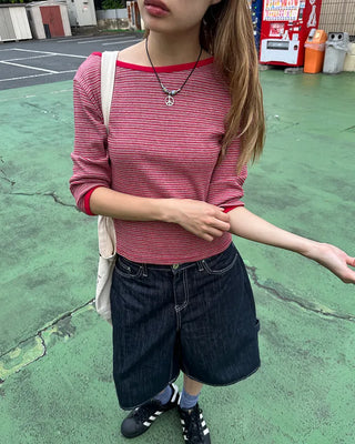 Border Slash Neck Cropped Sleeve T-Shirt