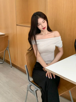 Off-shoulder shirred slit T-shirt (4 colors)