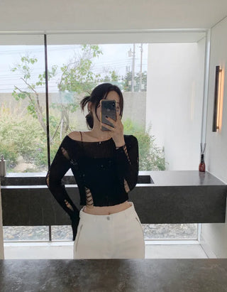 Summer distressed boat neck cropped knit (5 colors)