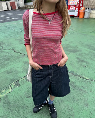 Border Slash Neck Cropped Sleeve T-Shirt