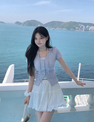 Slim Tie Short-Sleeve Cardigan Set