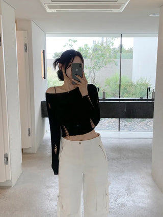 Summer distressed boat neck cropped knit (5 colors)