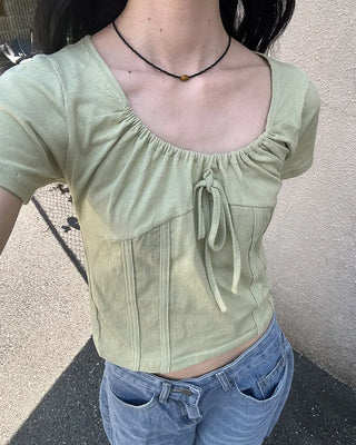 Shirred Ribbon Short-Sleeved T-Shirt