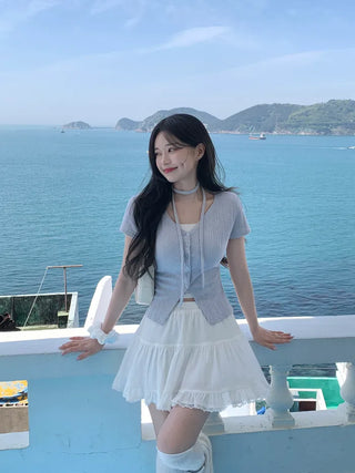 Slim Tie Short-Sleeve Cardigan Set