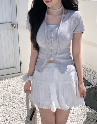 Slim Tie Short-Sleeve Cardigan Set