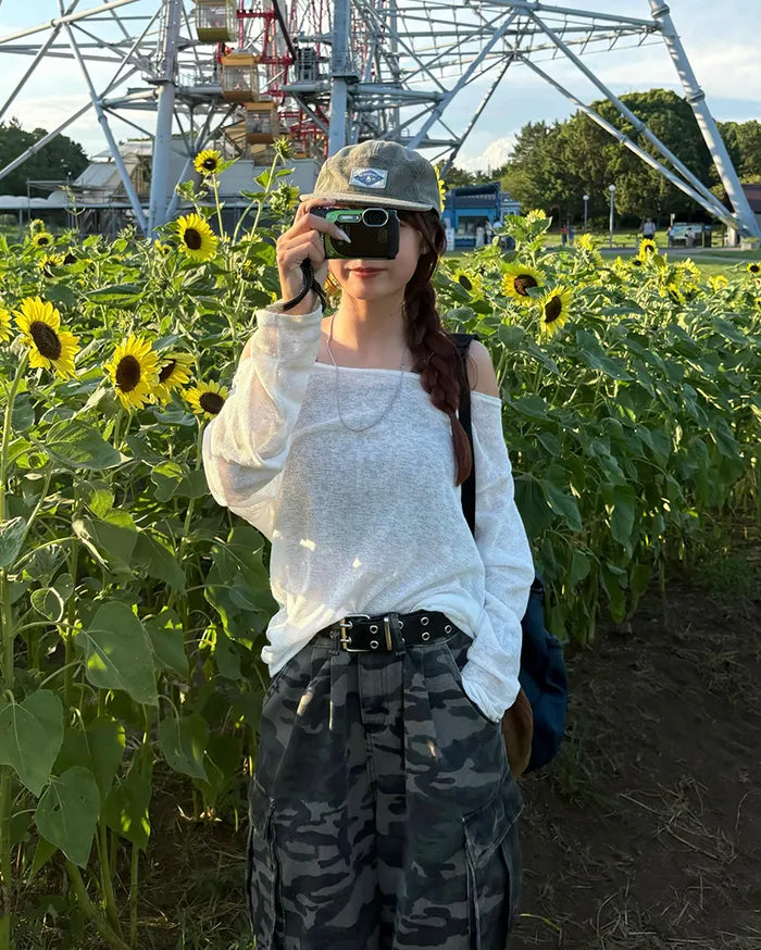 2-way loose sheer summer knit T-shirt