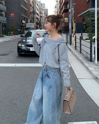 Slit denim wide-leg pants