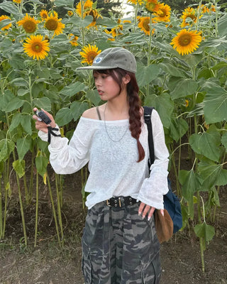 2-way loose sheer summer knit T-shirt