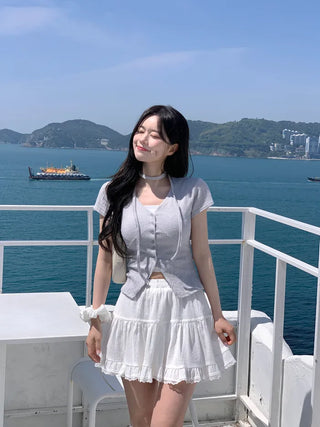Slim Tie Short-Sleeve Cardigan Set