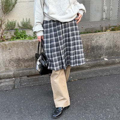 Wool check midi skirt