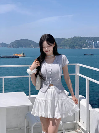 Slim Tie Short-Sleeve Cardigan Set