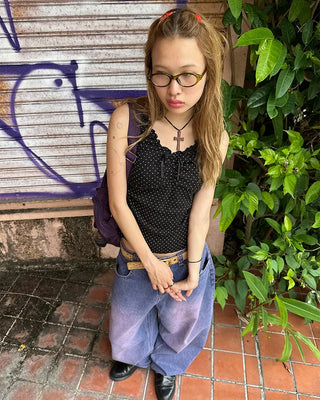 Pindot Ribbon Gathered Elastic Tank Top