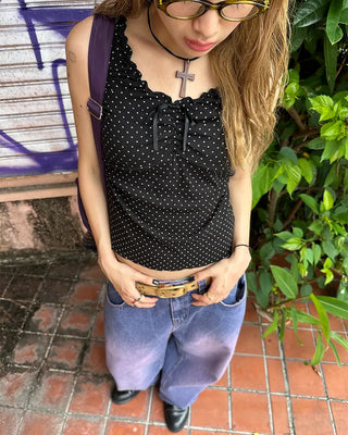 Pindot Ribbon Gathered Elastic Tank Top