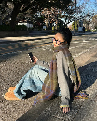 Wool mix check big fringe scarf