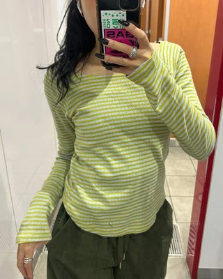 Striped round hem long-sleeve cut and sew