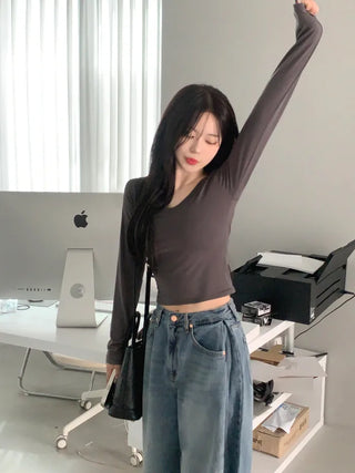 [6 colors] Slim V-neck long-sleeve T-shirt