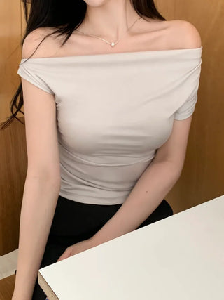 Off-shoulder shirred slit T-shirt (4 colors)