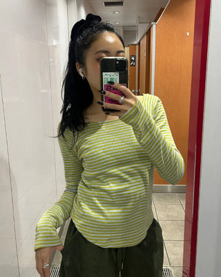 Striped round hem long-sleeve cut and sew