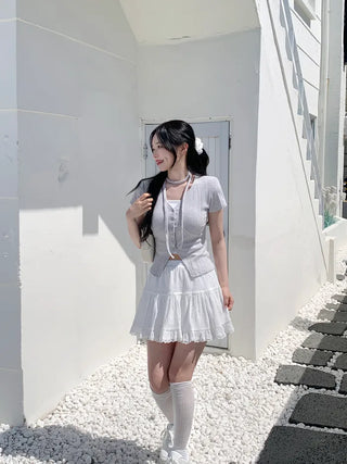 Slim Tie Short-Sleeve Cardigan Set