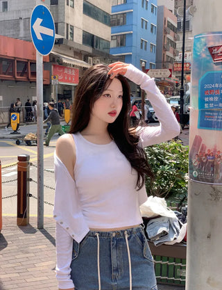 [2pcs] Button Cardigan Sleeveless Set