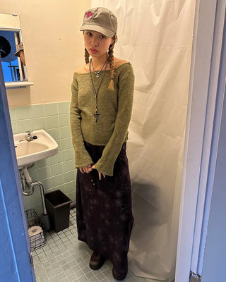 Flower Stitch Fleece Maxi Skirt