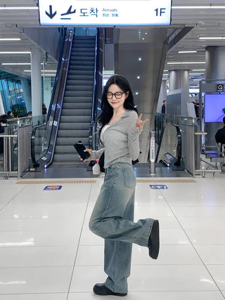 Washed denim wide-leg pants (3 colors)