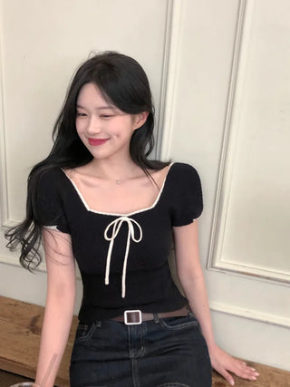 Ribbon Bicolor Short-Sleeve Knit