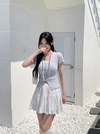 Slim Tie Short-Sleeve Cardigan Set