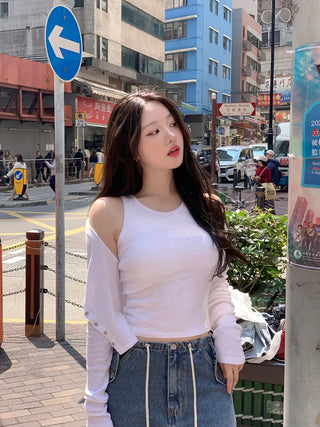 [2pcs] Button Cardigan Sleeveless Set