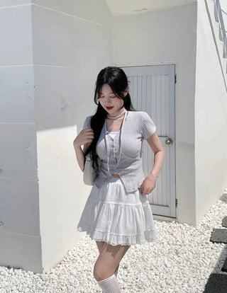 Slim Tie Short-Sleeve Cardigan Set