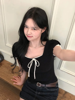 Ribbon Bicolor Short-Sleeve Knit