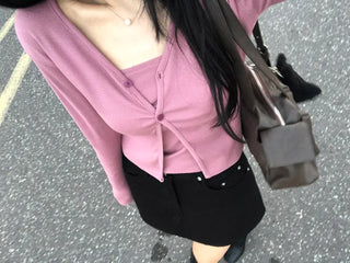 [3-Piece] Tie, Top & V-Neck Cardigan Set