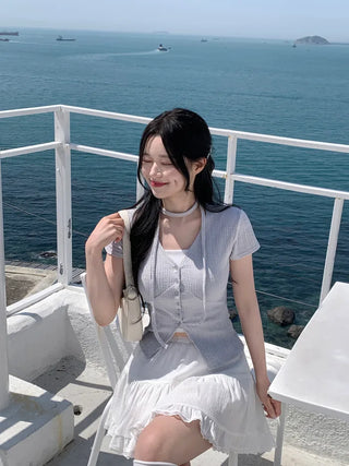 Slim Tie Short-Sleeve Cardigan Set