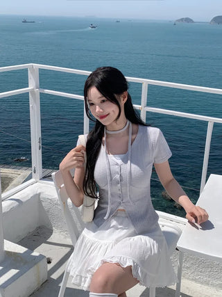 Slim Tie Short-Sleeve Cardigan Set