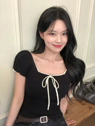 Ribbon Bicolor Short-Sleeve Knit