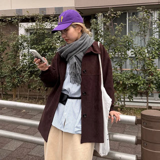 Suede Collar Neck Mid-Length Jacket