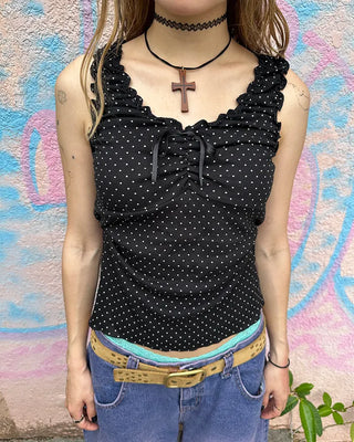 Pindot Ribbon Gathered Elastic Tank Top