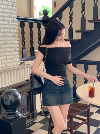 Off-shoulder shirred slit T-shirt (4 colors)