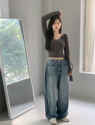 [6 colors] Slim V-neck long-sleeve T-shirt