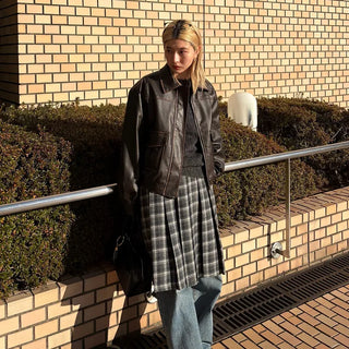 Wool check midi skirt