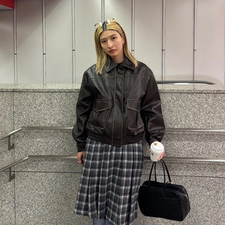 Wool check midi skirt