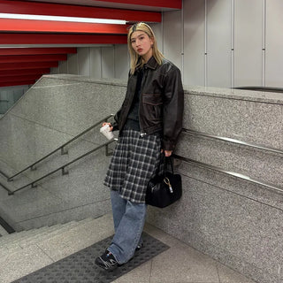Wool check midi skirt