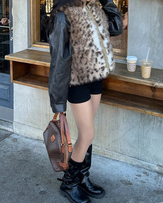 Leopard Fur High Neck Reversible Double Zip Vest
